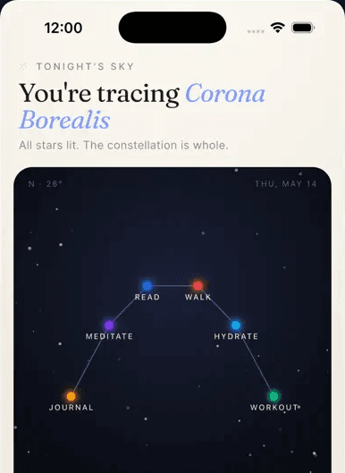 The HabitNova constellation view, with each kept habit lit as a star
