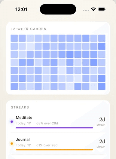 HabitNova twelve-week garden grid, one square per day of habit history