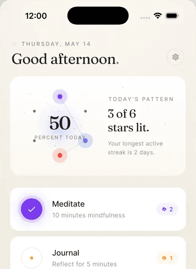 HabitNova today dashboard showing lit habit stars and the current streak