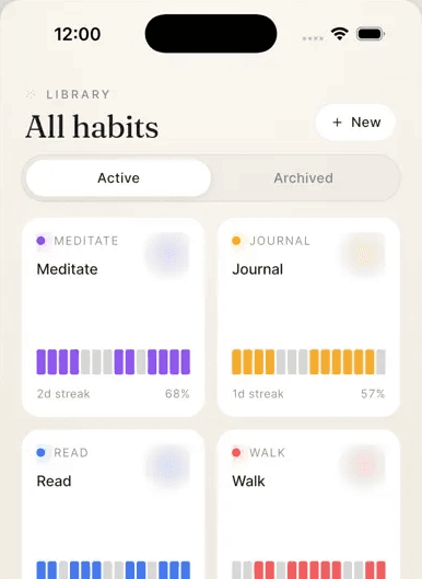 HabitNova habit library listing every habit with its streak and completion rate